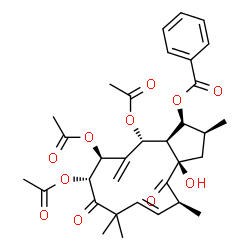 ChemSpider 2D Image | (1S,2S,3aR,5S,6E,10R,11S,13R,13aR)-10,11,13-Triacetoxy-3a-hydroxy-2,5,8,8-tetramethyl-12-methylene-4,9-dioxo-2,3,3a,4,5,8,9,10,11,12,13,13a-dodecahydro-1H-cyclopenta[12]annulen-1-yl benzoate | C33H40O11