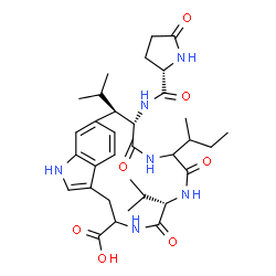 ChemSpider 2D Image | (9S,15S,16R)-12-sec-Butyl-9,16-diisopropyl-8,11,14-trioxo-15-[(5-oxo-L-prolyl)amino]-2,7,10,13-tetraazatricyclo[15.3.1.0~4,20~]henicosa-1(21),3,17,19-tetraene-6-carboxylic acid | C33H46N6O7