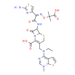 ChemSpider 2D Image | 4-{[(7-{[(2Z)-2-(2-Amino-1,3-thiazol-4-yl)-2-{[(2-carboxy-2-propanyl)oxy]imino}acetyl]amino}-2-carboxy-8-oxo-5-thia-1-azabicyclo[4.2.0]oct-2-en-3-yl)methyl](ethyl)amino}-1-methylthieno[2,3-d]pyrimidin
-1-ium | C26H29N8O7S3