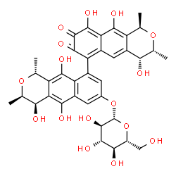 ChemSpider 2D Image | (1R,1'R,3R,3'R,4R,4'R)-4,4',5',9,10,10'-Hexahydroxy-1,1',3,3'-tetramethyl-7,8-dioxo-3,3',4,4',7,8-hexahydro-1H,1'H-6,9'-bibenzo[g]isochromen-7'-yl beta-D-glucopyranoside | C36H38O16