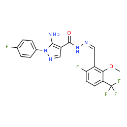 ChemSpider 2D Image | 5-Amino-N'-{(Z)-[6-fluoro-2-methoxy-3-(trifluoromethyl)phenyl]methylene}-1-(4-fluorophenyl)-1H-pyrazole-4-carbohydrazide | C19H14F5N5O2