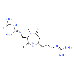 ChemSpider 2D Image | 1-(N'-{[(2R,5S)-5-{3-[(Diaminomethylene)amino]propyl}-1-methyl-3,7-dioxo-1,4-diazepan-2-yl]methyl}carbamimidoyl)urea | C13H25N9O3
