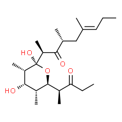 ChemSpider 2D Image | (5R)-2,4-Dideoxy-1-C-[(2S,4R,6E)-4,6-dimethyl-3-oxo-6-nonen-2-yl]-2,4-dimethyl-5-[(2S)-3-oxo-2-pentanyl]-alpha-L-ribopyranose | C23H40O5