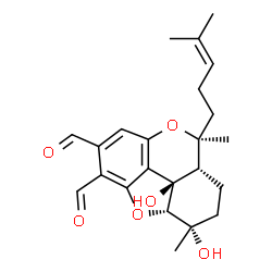 ChemSpider 2D Image | (3S,3aS,9S,9aR,9bR)-3,9b-Dihydroxy-3,9-dimethyl-9-(4-methyl-3-penten-1-yl)-2,3,3a,9,9a,9b-hexahydro-1H-[1]benzofuro[4,3,2-cde]chromene-5,6-dicarbaldehyde | C23H28O6
