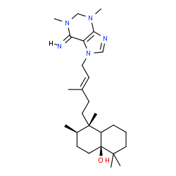 ChemSpider 2D Image | (1S,2R,4aS)-1-{(3E)-5-[(6Z)-6-Imino-1,3-dimethyl-1,2,3,6-tetrahydro-7H-purin-7-yl]-3-methyl-3-penten-1-yl}-1,2,5,5-tetramethyloctahydro-4a(2H)-naphthalenol | C27H45N5O