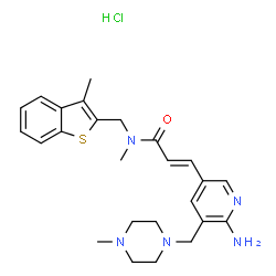 ChemSpider 2D Image | (2E)-3-{6-Amino-5-[(4-methyl-1-piperazinyl)methyl]-3-pyridinyl}-N-methyl-N-[(3-methyl-1-benzothiophen-2-yl)methyl]acrylamide hydrochloride (1:1) | C25H32ClN5OS