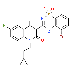 ChemSpider 2D Image | 3-(5-Bromo-1,1-dioxido-4H-1,2,4-benzothiadiazin-3-yl)-1-(2-cyclopropylethyl)-6-fluoro-2,4(1H,3H)-quinolinedione | C21H17BrFN3O4S
