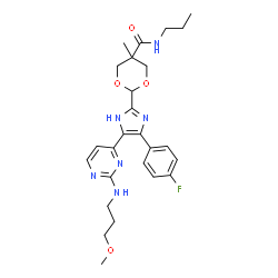 ChemSpider 2D Image | 2-[4-(4-Fluorophenyl)-5-{2-[(3-methoxypropyl)amino]-4-pyrimidinyl}-1H-imidazol-2-yl]-5-methyl-N-propyl-1,3-dioxane-5-carboxamide | C26H33FN6O4