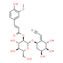 ChemSpider 2D Image | (2Z)-[(2S,3S,4S,6R)-2,3,4-Trihydroxy-6-({2-O-[(2E)-3-(4-hydroxy-3-methoxyphenyl)-2-propenoyl]-beta-D-glucopyranosyl}oxy)cyclohexylidene]acetonitrile | C24H29NO12