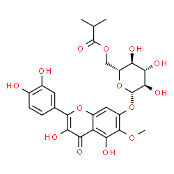 ChemSpider 2D Image | 2-(3,4-Dihydroxyphenyl)-3,5-dihydroxy-6-methoxy-4-oxo-4H-chromen-7-yl 6-O-isobutyryl-beta-D-glucopyranoside | C26H28O14