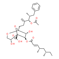 ChemSpider 2D Image | (1S,4R,5S,6R,7R)-1-[(4S,5R)-4-Acetoxy-5-methyl-3-methylene-6-phenylhexyl]-6-{[(2E,4S,6S)-4,6-dimethyl-2-octenoyl]oxy}-4,7-dihydroxy-2,8-dioxabicyclo[3.2.1]octane-5-carboxylic acid | C33H46O10