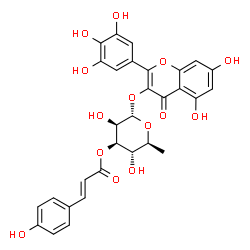 ChemSpider 2D Image | 5,7-Dihydroxy-4-oxo-2-(3,4,5-trihydroxyphenyl)-4H-chromen-3-yl 6-deoxy-3-O-[(2E)-3-(4-hydroxyphenyl)-2-propenoyl]-alpha-L-mannopyranoside | C30H26O14