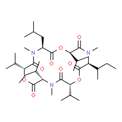 ChemSpider 2D Image | (3S,6R,9S,12R,15S,18R)-3-[(2R)-2-Butanyl]-15-[(2S)-2-butanyl]-9-isobutyl-6,12,18-triisopropyl-4,10,16-trimethyl-1,7,13-trioxa-4,10,16-triazacyclooctadecane-2,5,8,11,14,17-hexone | C36H63N3O9