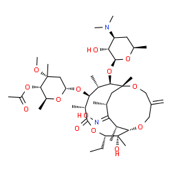 ChemSpider 2D Image | (2S,3S,4R,6R)-6-{[(1S,2R,3S,6R,7S,8S,9R,10R,16R,17E,18R)-9-{[(2S,3R,4S,6R)-4-(Dimethylamino)-3-hydroxy-6-methyltetrahydro-2H-pyran-2-yl]oxy}-3-ethyl-2-hydroxy-17-(hydroxyimino)-2,6,8,10,16,18-hexameth
yl-13-methylene-5-oxo-4,11,15-trioxabicyclo[8.5.4]nonadec-7-yl]oxy}-4-methoxy-2,4-dimethyltetrahydro-2H-pyran-3-yl acetate | C43H74N2O14