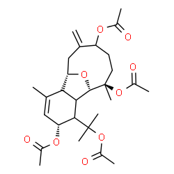 ChemSpider 2D Image | (1S,4R,8S,14R)-3-(2-Acetoxy-2-propanyl)-6,14-dimethyl-10-methylene-15-oxatricyclo[6.6.1.0~2,7~]pentadec-5-ene-4,11,14-triyl triacetate | C28H40O9