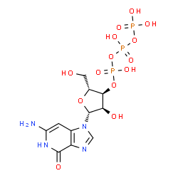 ChemSpider 2D Image | 6-Amino-1-[3-O-(hydroxy{[hydroxy(phosphonooxy)phosphoryl]oxy}phosphoryl)-beta-D-ribofuranosyl]-1,5-dihydro-4H-imidazo[4,5-c]pyridin-4-one | C11H17N4O14P3