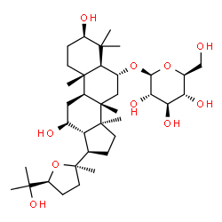ChemSpider 2D Image | (3alpha,5beta,6beta,8alpha,9beta,10alpha,12alpha,13alpha,14beta,17alpha,20R,24S)-3,12,25-Trihydroxy-20,24-epoxydammaran-6-yl beta-L-glucopyranoside | C36H62O10