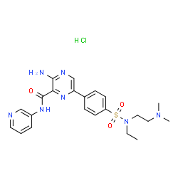 ChemSpider 2D Image | 3-Amino-6-(4-{[2-(dimethylamino)ethyl](ethyl)sulfamoyl}phenyl)-N-(3-pyridinyl)-2-pyrazinecarboxamide hydrochloride (1:1) | C22H28ClN7O3S