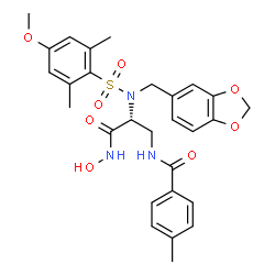 ChemSpider 2D Image | N-[(2R)-2-{(1,3-Benzodioxol-5-ylmethyl)[(4-methoxy-2,6-dimethylphenyl)sulfonyl]amino}-3-(hydroxyamino)-3-oxopropyl]-4-methylbenzamide | C28H31N3O8S