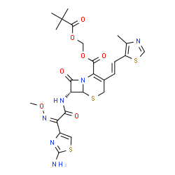 ChemSpider 2D Image | [(2,2-Dimethylpropanoyl)oxy]methyl (7R)-7-{[(2Z)-2-(2-amino-1,3-thiazol-4-yl)-2-(methoxyimino)acetyl]amino}-3-[(E)-2-(4-methyl-1,3-thiazol-5-yl)vinyl]-8-oxo-5-thia-1-azabicyclo[4.2.0]oct-2-ene-2-carbo
xylate | C25H28N6O7S3
