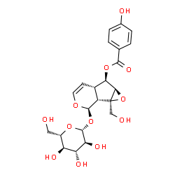 ChemSpider 2D Image | (1aR,1bR,2R,5aS,6R,6aR)-2-(beta-L-Glucopyranosyloxy)-1a-(hydroxymethyl)-1a,1b,2,5a,6,6a-hexahydrooxireno[4,5]cyclopenta[1,2-c]pyran-6-yl 4-hydroxybenzoate | C22H26O12