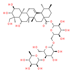 ChemSpider 2D Image | 6-Deoxy-alpha-D-mannopyranosyl-(1->4)-beta-L-glucopyranosyl-(1->6)-1-O-[(2beta,3alpha,5beta,6alpha,8alpha,9beta,10alpha,14beta,17alpha,18alpha,19alpha,20beta)-2,3,6,24-tetrahydroxy-28-oxours-12-en-28-
yl]-beta-L-glucopyranose | C48H78O20
