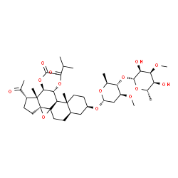 ChemSpider 2D Image | (3alpha,5beta,8xi,9beta,10alpha,11beta,12alpha,13alpha)-12-Acetoxy-3-{[2,6-dideoxy-4-O-(6-deoxy-3-O-methyl-beta-L-allopyranosyl)-3-O-methyl-alpha-L-arabino-hexopyranosyl]oxy}-20-oxo-8,14-epoxypregnan-
11-yl 2-methylpropanoate | C41H64O14