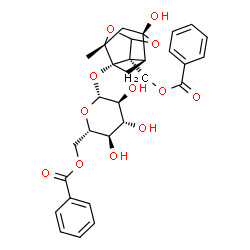 ChemSpider 2D Image | {(2R,3S,5S,6S,8R)-3-[(6-O-Benzoyl-beta-L-glucopyranosyl)oxy]-6-hydroxy-8-methyl-9,10-dioxatetracyclo[4.3.1.0~2,5~.0~3,8~]dec-2-yl}methyl benzoate | C30H32O12