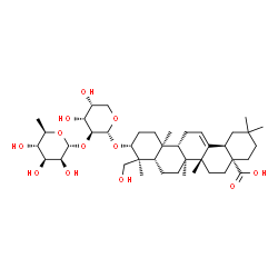 ChemSpider 2D Image | (3alpha,5beta,8alpha,9beta,10alpha,14beta,17alpha,18alpha)-3-{[2-O-(6-Deoxy-alpha-D-mannopyranosyl)-alpha-D-arabinopyranosyl]oxy}-24-hydroxyolean-12-en-28-oic acid | C41H66O12
