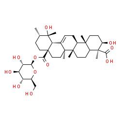 ChemSpider 2D Image | 1-O-[(3alpha,5xi,8alpha,9beta,10alpha,14beta,17alpha,18alpha,19alpha,20beta)-3,19,24-Trihydroxy-24,28-dioxours-12-en-28-yl]-beta-L-glucopyranose | C36H56O11