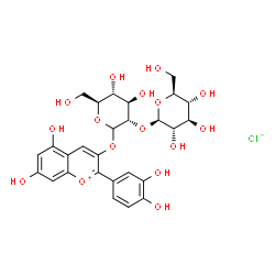 ChemSpider 2D Image | 2-(3,4-Dihydroxyphenyl)-5,7-dihydroxy-3-chromeniumyl 2-O-beta-L-glucopyranosyl-L-glucopyranoside chloride | C27H31ClO16