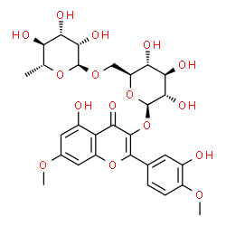 ChemSpider 2D Image | 5-Hydroxy-2-(3-hydroxy-4-methoxyphenyl)-7-methoxy-4-oxo-4H-chromen-3-yl 6-O-(6-deoxy-alpha-D-mannopyranosyl)-beta-L-glucopyranoside | C29H34O16