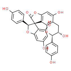 ChemSpider 2D Image | (2S,2'S,3S,3'S)-3',4,5',6-Tetrahydroxy-2,2'-bis(4-hydroxyphenyl)-3',4'-dihydro-2'H-spiro[1-benzofuran-3,9'-furo[2,3-h]chromen]-8'-one | C30H22O10