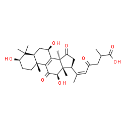 ChemSpider 2D Image | (3alpha,5beta,7alpha,10alpha,12alpha,13alpha,14beta,17alpha,20Z)-3,7,12-Trihydroxy-11,15,23-trioxolanosta-8,20(22)-dien-26-oic acid | C30H42O8