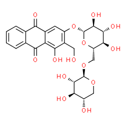 ChemSpider 2D Image | 4-Hydroxy-3-(hydroxymethyl)-9,10-dioxo-9,10-dihydro-2-anthracenyl 6-O-beta-L-xylopyranosyl-beta-L-glucopyranoside | C26H28O14