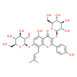 ChemSpider 2D Image | 3-(beta-L-Glucopyranosyloxy)-5-hydroxy-2-(4-hydroxyphenyl)-8-(3-methyl-2-buten-1-yl)-4-oxo-4H-chromen-7-yl beta-L-glucopyranoside | C32H38O16