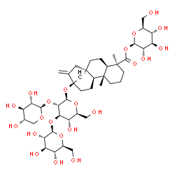 ChemSpider 2D Image | 1-O-(13-{[beta-L-Glucopyranosyl-(1->3)-[beta-L-xylopyranosyl-(1->2)]-beta-L-glucopyranosyl]oxy}-19-oxokaur-16-en-19-yl)-beta-L-glucopyranose | C43H68O22