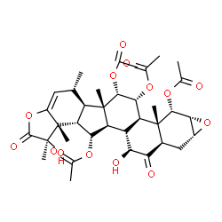 ChemSpider 2D Image | (1R,5R,5aR,5bS,6S,6aR,6bR,7S,8aR,9aR,10aR,11S,11aS,11bR,12R,13S,13aS,13bR)-5,7-Dihydroxy-1,5,5a,11a,13a-pentamethyl-4,8-dioxo-4,5,5a,5b,6,6a,6b,7,8,8a,9,9a,10a,11,11a,11b,12,13,13a,13b-icosahydro-1H-o
xireno[6',7']naphtho[1',2':7,8]fluoreno[2,1-b]furan-6,11,12,13-tetrayl tetraacetate | C36H46O14