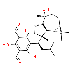 ChemSpider 2D Image | 2,4,6-Trihydroxy-5-{(1R)-1-[(1aS,4S,4aS,7R,7aR,7bS)-4-hydroxy-1,1,4,7-tetramethyldecahydro-1H-cyclopropa[e]azulen-7-yl]-3-methylbutyl}isophthalaldehyde | C28H40O6