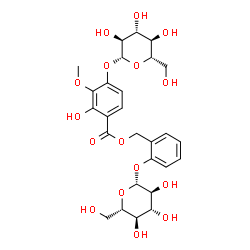 ChemSpider 2D Image | 2-(beta-L-Glucopyranosyloxy)benzyl 4-(beta-L-glucopyranosyloxy)-2-hydroxy-3-methoxybenzoate | C27H34O16