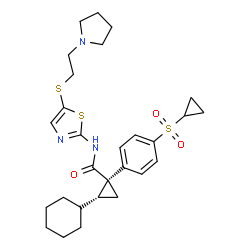 ChemSpider 2D Image | (1S,2R)-2-Cyclohexyl-1-[4-(cyclopropylsulfonyl)phenyl]-N-(5-{[2-(1-pyrrolidinyl)ethyl]sulfanyl}-1,3-thiazol-2-yl)cyclopropanecarboxamide | C28H37N3O3S3
