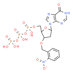 ChemSpider 2D Image | 9-[2-Deoxy-5-O-(hydroxy{[hydroxy(phosphonooxy)phosphoryl]oxy}phosphoryl)-3-O-(2-nitrobenzyl)pentofuranosyl]-1,9-dihydro-6H-purin-6-one | C17H20N5O15P3