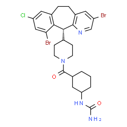 ChemSpider 2D Image | 1-[3-({4-[(11R)-3,10-Dibromo-8-chloro-6,11-dihydro-5H-benzo[5,6]cyclohepta[1,2-b]pyridin-11-yl]-1-piperidinyl}carbonyl)cyclohexyl]urea | C27H31Br2ClN4O2