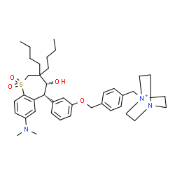 ChemSpider 2D Image | 1-[4-({3-[(4R,5R)-3,3-Dibutyl-7-(dimethylamino)-4-hydroxy-1,1-dioxido-2,3,4,5-tetrahydro-1-benzothiepin-5-yl]phenoxy}methyl)benzyl]-4-aza-1-azoniabicyclo[2.2.2]octane | C40H56N3O4S