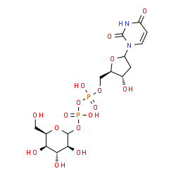 ChemSpider 2D Image | [(2R,3S)-5-(2,4-Dioxo-3,4-dihydro-1(2H)-pyrimidinyl)-3-hydroxytetrahydro-2-furanyl]methyl (3S,4R,5R,6R)-3,4,5-trihydroxy-6-(hydroxymethyl)tetrahydro-2H-pyran-2-yl dihydrogen diphosphate (non-preferred
 name) | C15H24N2O16P2