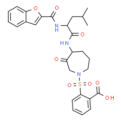 ChemSpider 2D Image | 2-[(4-{[N-(1-Benzofuran-2-ylcarbonyl)leucyl]amino}-3-oxo-1-azepanyl)sulfonyl]benzoic acid | C28H31N3O8S