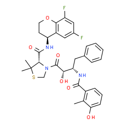 ChemSpider 2D Image | (4S)-N-[(4S)-6,8-Difluoro-3,4-dihydro-2H-chromen-4-yl]-3-{(2S,3S)-2-hydroxy-3-[(3-hydroxy-2-methylbenzoyl)amino]-4-phenylbutanoyl}-5,5-dimethyl-1,3-thiazolidine-4-carboxamide | C33H35F2N3O6S