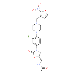 ChemSpider 2D Image | N-{[(5S)-3-(3-Fluoro-4-{4-[(2-nitro-3-furyl)methyl]-1-piperazinyl}phenyl)-2-oxo-1,3-oxazolidin-5-yl]methyl}acetamide | C21H24FN5O6