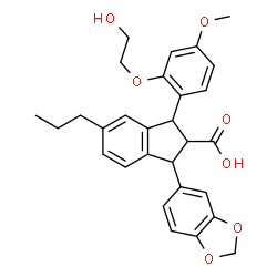 ChemSpider 2D Image | 1-(1,3-Benzodioxol-5-yl)-3-[2-(2-hydroxyethoxy)-4-methoxyphenyl]-5-propyl-2-indanecarboxylic acid | C29H30O7
