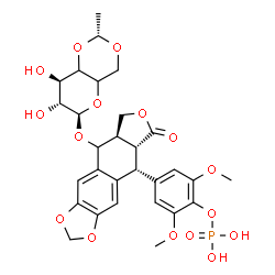 ChemSpider 2D Image | 4-[(5R,5aR,8aR)-9-({4,6-O-[(1R)-Ethylidene]-alpha-L-threo-hexopyranosyl}oxy)-6-oxo-5,5a,6,8,8a,9-hexahydrofuro[3',4':6,7]naphtho[2,3-d][1,3]dioxol-5-yl]-2,6-dimethoxyphenyl dihydrogen phosphate | C29H33O16P
